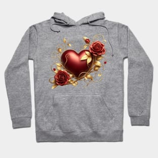 Valentines Day Red Heart, Red Roses, Golden Vines Hoodie